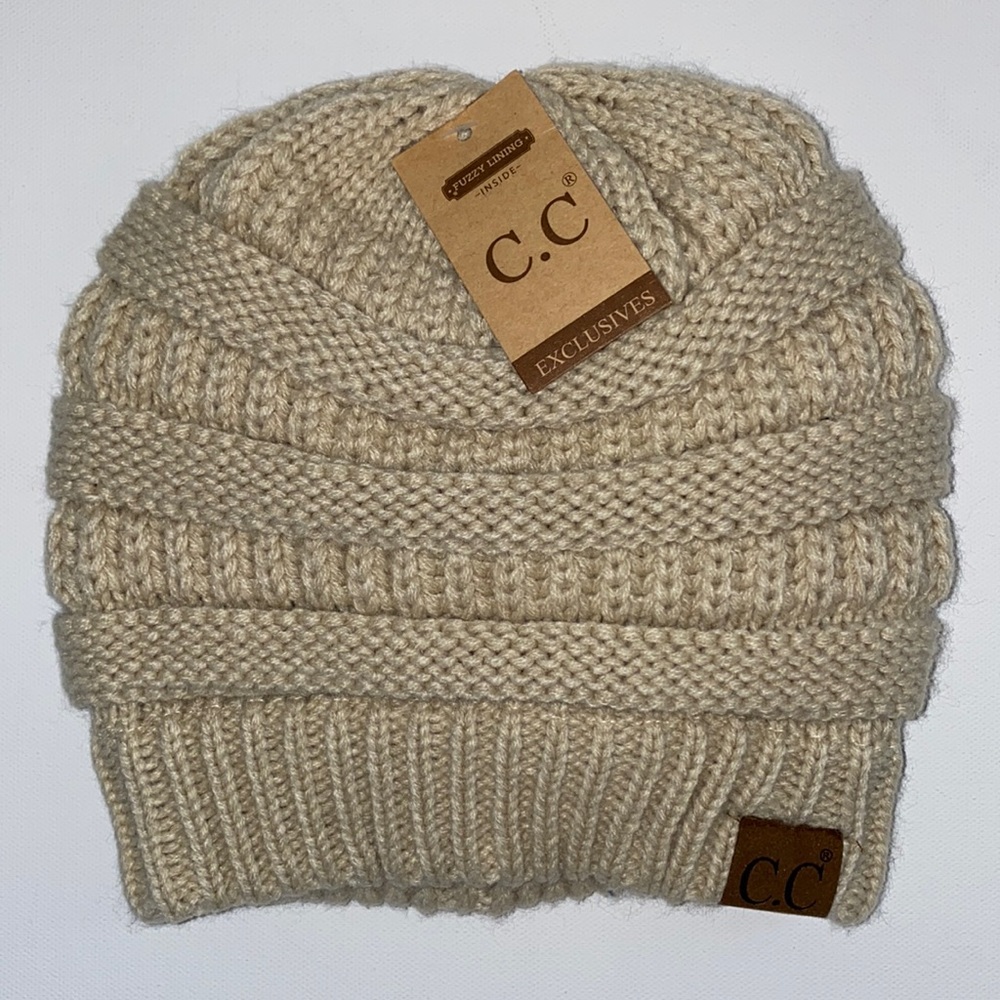 C.C Beanie Knitted Beige Fuzzy lined. NWT